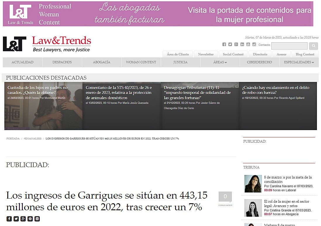 Los ingresos de Garrigues se sitan en 443,15 millones de euros en 2022, tras crecer un 7%